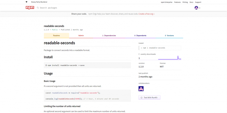 Screenshot of readable-seconds npm package